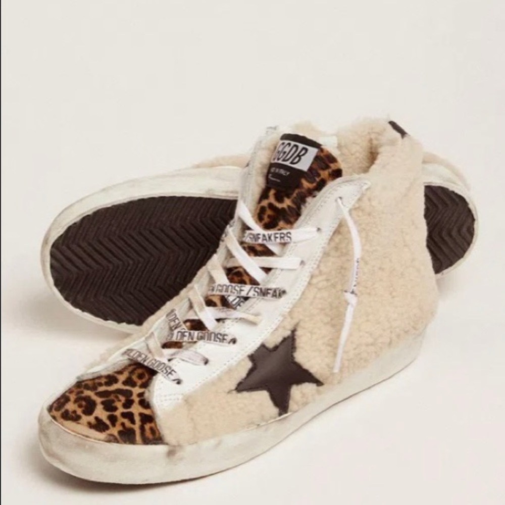 Limited Golden Goose pony hair & shearling leopard print high top. Worn once